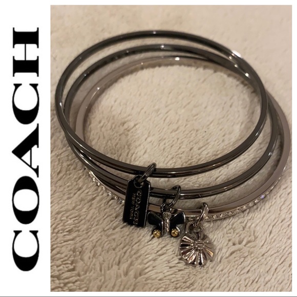 Coach Gun Metal & Crystal Bangle Bracelet Set - Picture 1 of 10